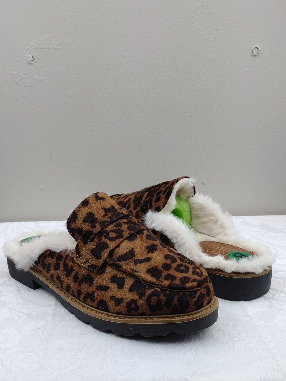 Taryn Rose Dora Comfort By Design Brown Suede Leopard Print Penny Loafer Mules